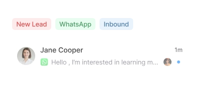 Customer conversation organized with New Lead, WhatsApp, and Inbound tags