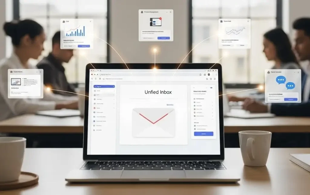 Unified inbox dashboard on laptop showing team email and message management in one platform