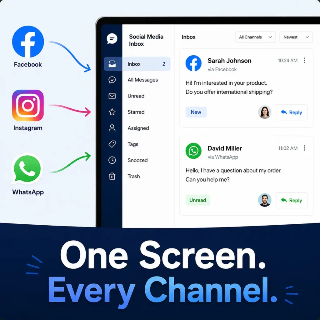 A social media inbox combining WhatsApp, Instagram, and Facebook into one business communication feed.