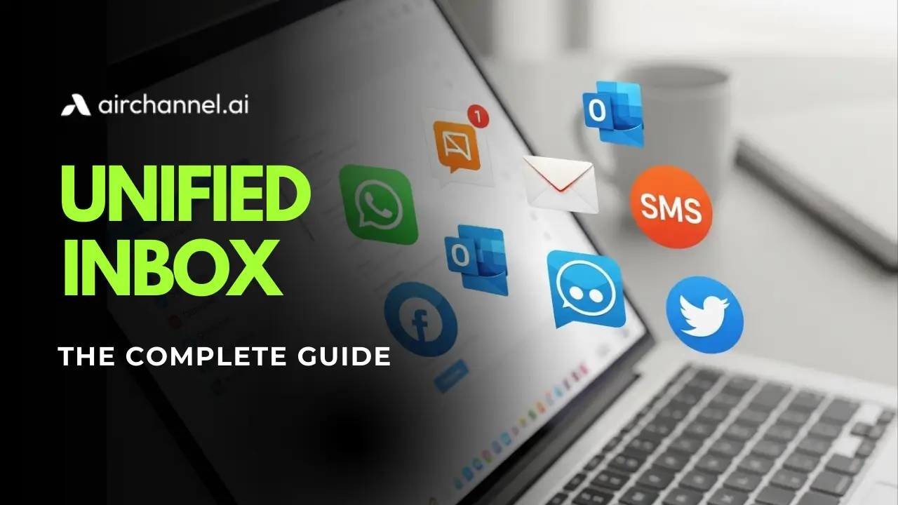 Feature image for the complete guide to a unified inbox showing integrated messaging icons like WhatsApp, Facebook, and Outlook for centralized communication.
