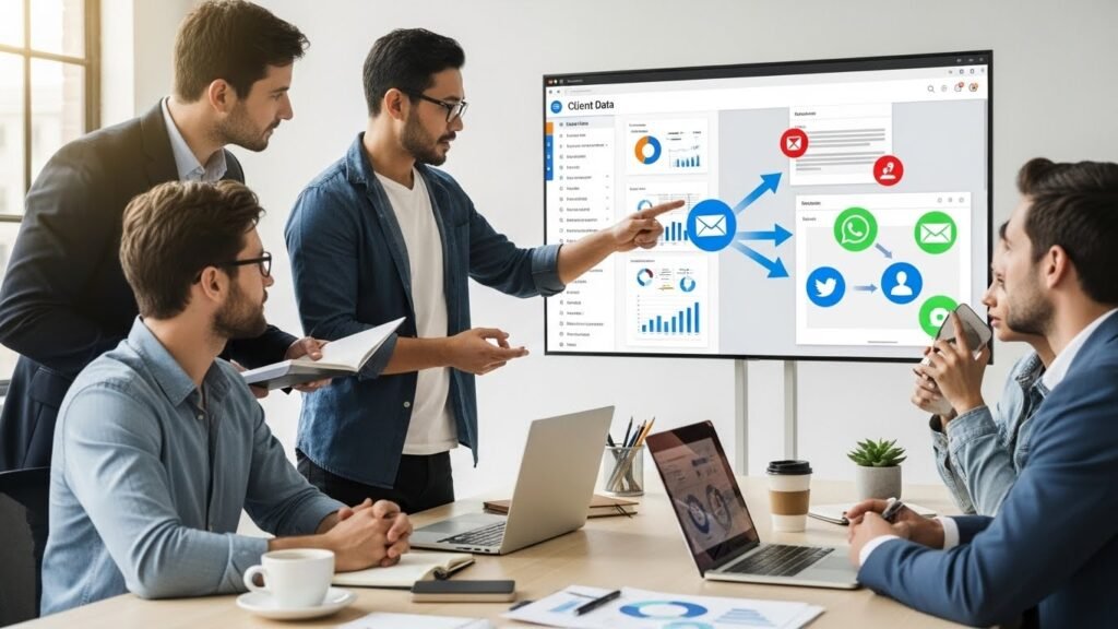 Business professionals discussing about their business using unified inbox.