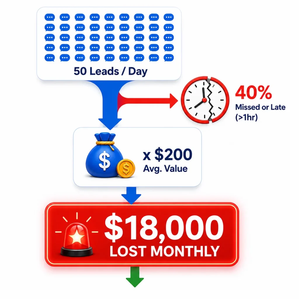 CCM friction calculator showing $18,000 monthly revenue loss due to slow response times and missed customer leads.