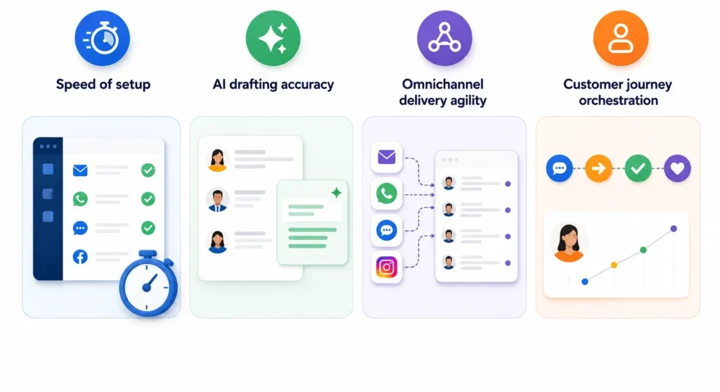 Infographic showing CCM software testing criteria: speed of setup, AI drafting accuracy, and omnichannel delivery agility.