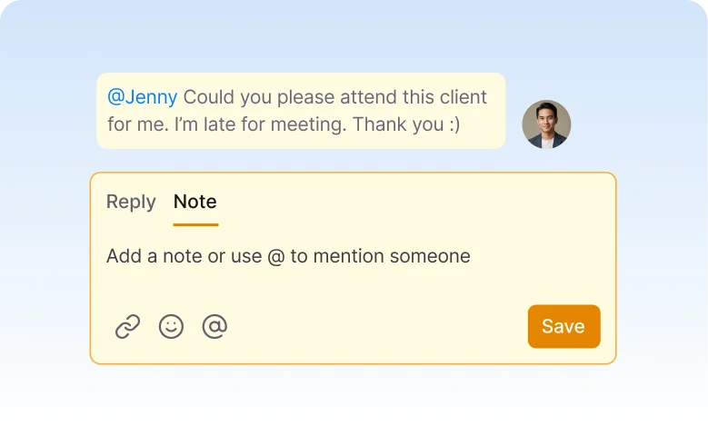 Internal team notes and @mentions on Outlook messages for private collaboration and back-end support within a shared mailbox.