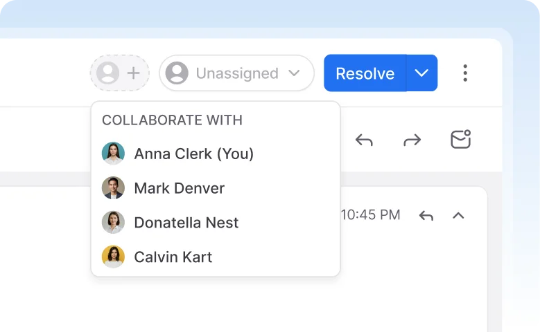 Collaborative Outlook interface for team-based email management, showing options to assign messages and resolve inquiries within a shared mailbox workflow.