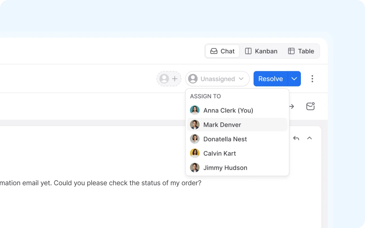 Leadership interface for team performance oversight, featuring agent accountability and resolution tracking in a shared inbox.
