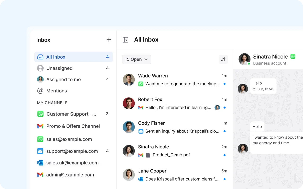 Centralized communication dashboard for leaders to oversee multi-channel team conversations and shared inboxes in one place.