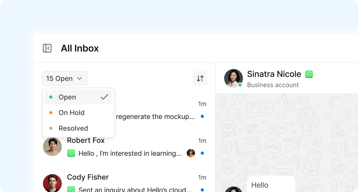 Managing conversation lifecycles in a unified inbox with ticket statuses like open, on hold, and resolved for streamlined support workflows.