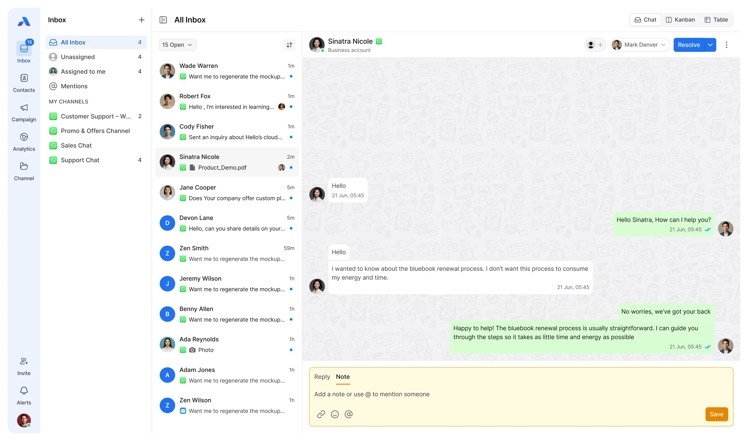 AirChannel shared WhatsApp inbox dashboard showing team conversations, customer messages, and internal notes