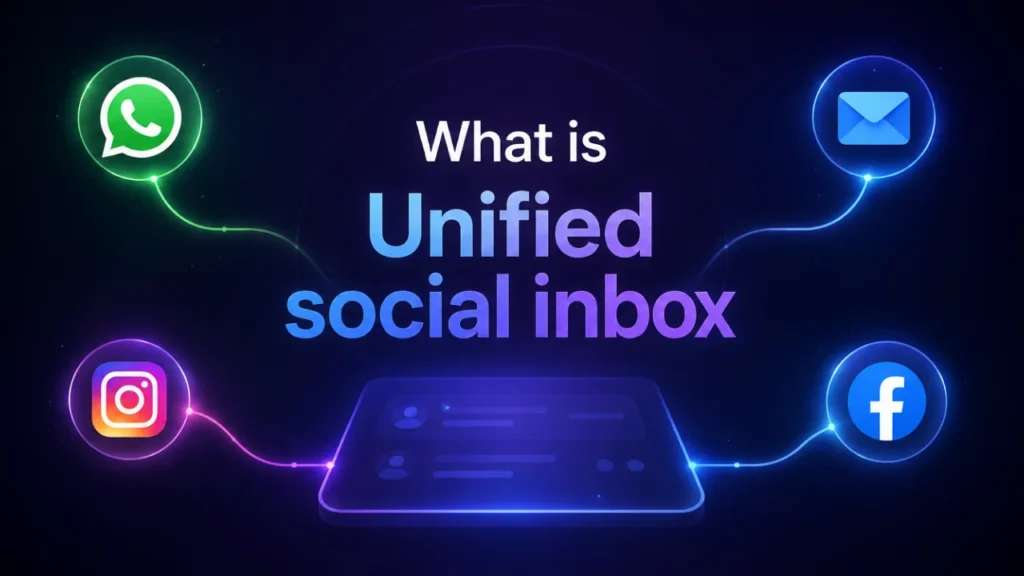 A neon digital diagram explaining what is a unified social inbox for customer support by connecting WhatsApp, Instagram, Facebook, and Email into one central tablet dashboard.