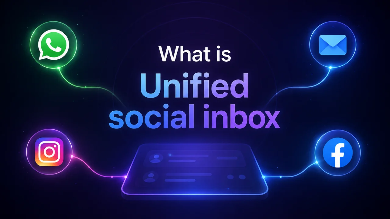 A neon digital diagram explaining what is a unified social inbox for customer support by connecting WhatsApp, Instagram, Facebook, and Email into one central tablet dashboard.