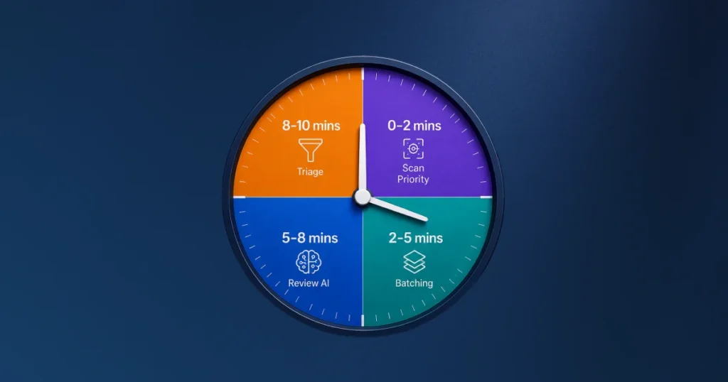 Infographic clock showing a 10-minute morning routine using a unified social inbox: 2 minutes to scan priority, 3 minutes for batching, 3 minutes to review AI, and 2 minutes for triage.