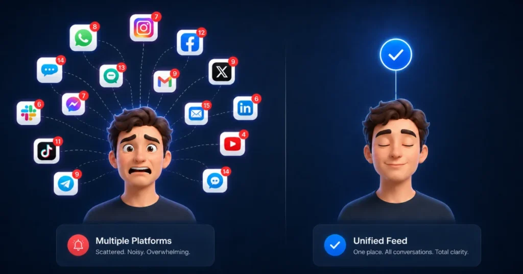 Comparison of a stressed manager overwhelmed by notifications from multiple platforms versus a calm professional using a unified social inbox for total clarity.