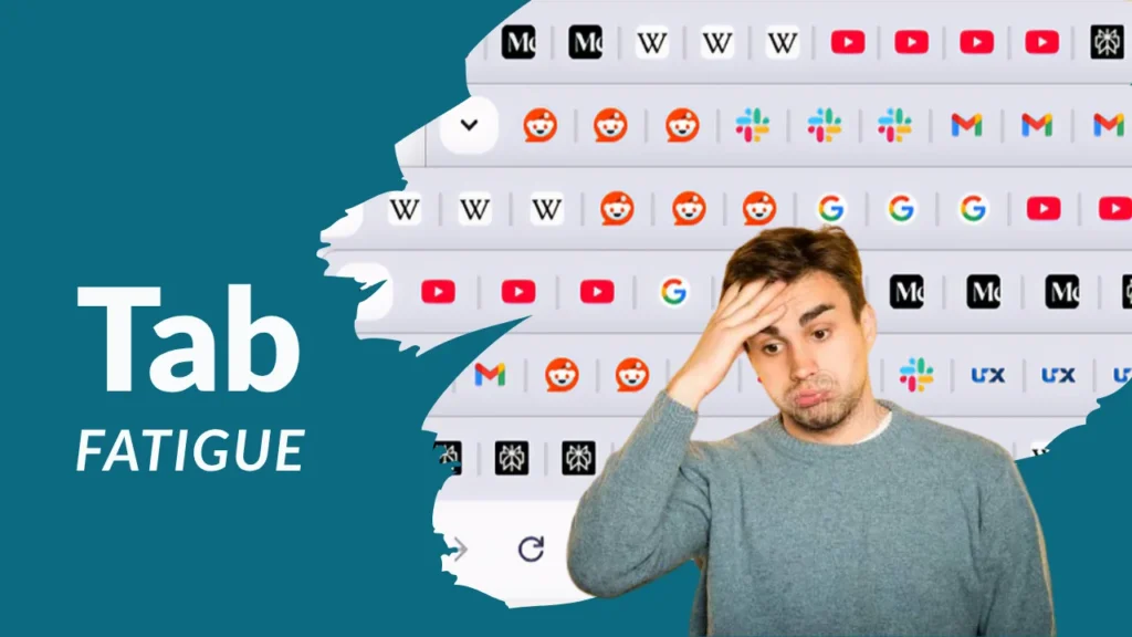 A small business owner looking stressed by too many internal communication apps and browser tabs.
Split Screen Image: