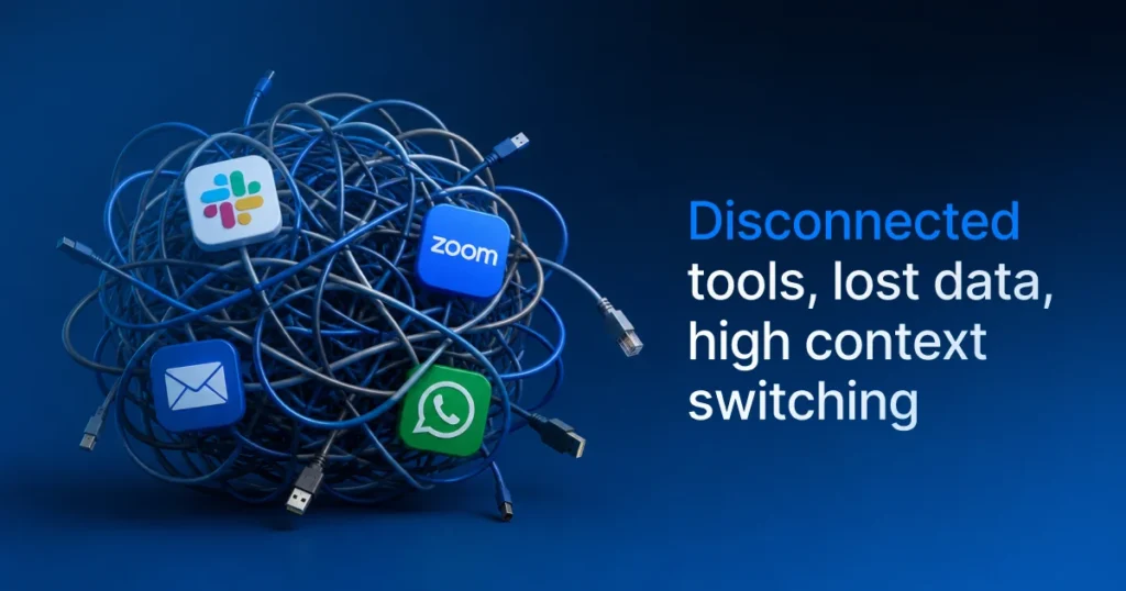 Graphic showing disconnected tools like Slack, Zoom, and WhatsApp causing tool fatigue and lost data.