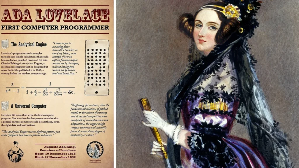 The image shows Lady Ada Lovelace with her first algorithm designer for a machine.