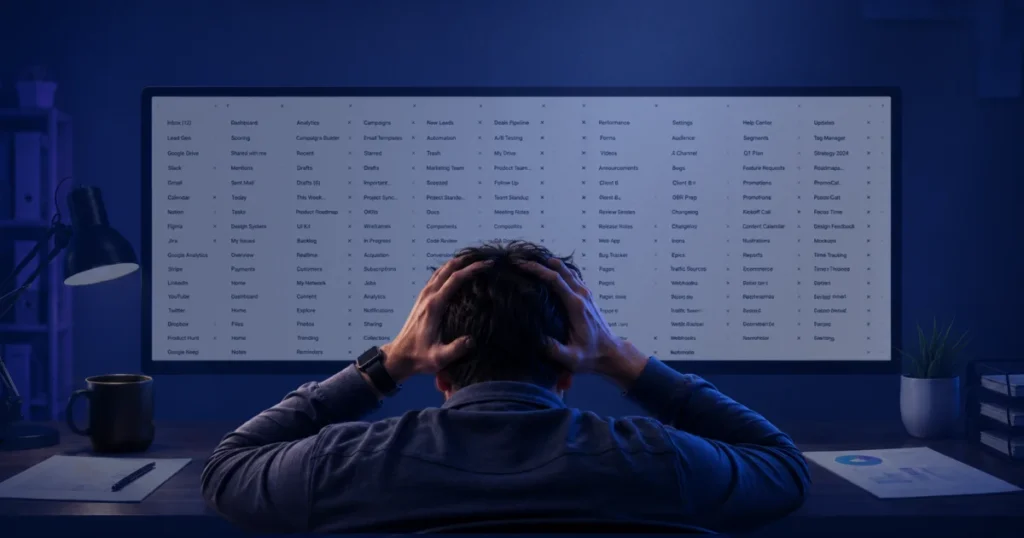 A stressed person holding their head in their hands while looking at a computer monitor overwhelmed with dozens of open software tabs and apps.