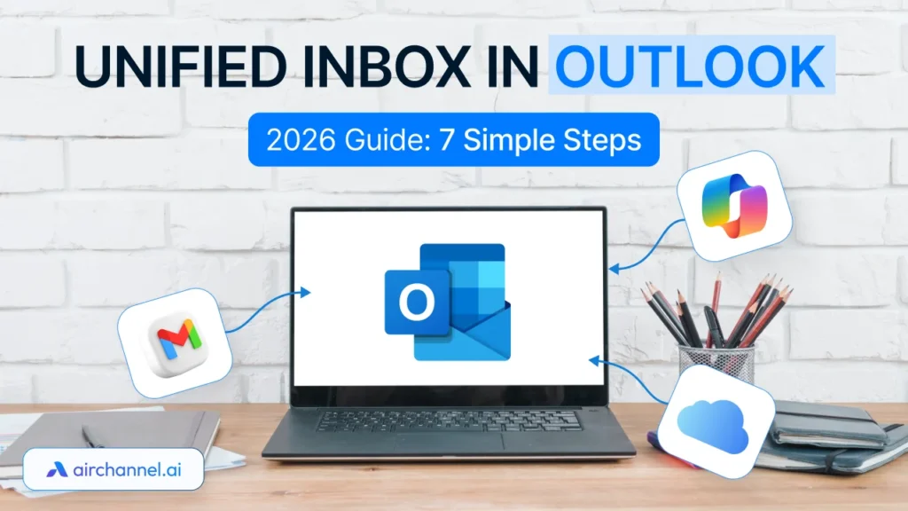 2026 guide for creating a unified inbox in Outlook, showing the integration of Gmail, iCloud, and work accounts into one email view.