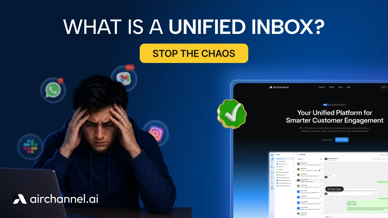 Stressed person with app notifications vs a clean unified inbox solution.
