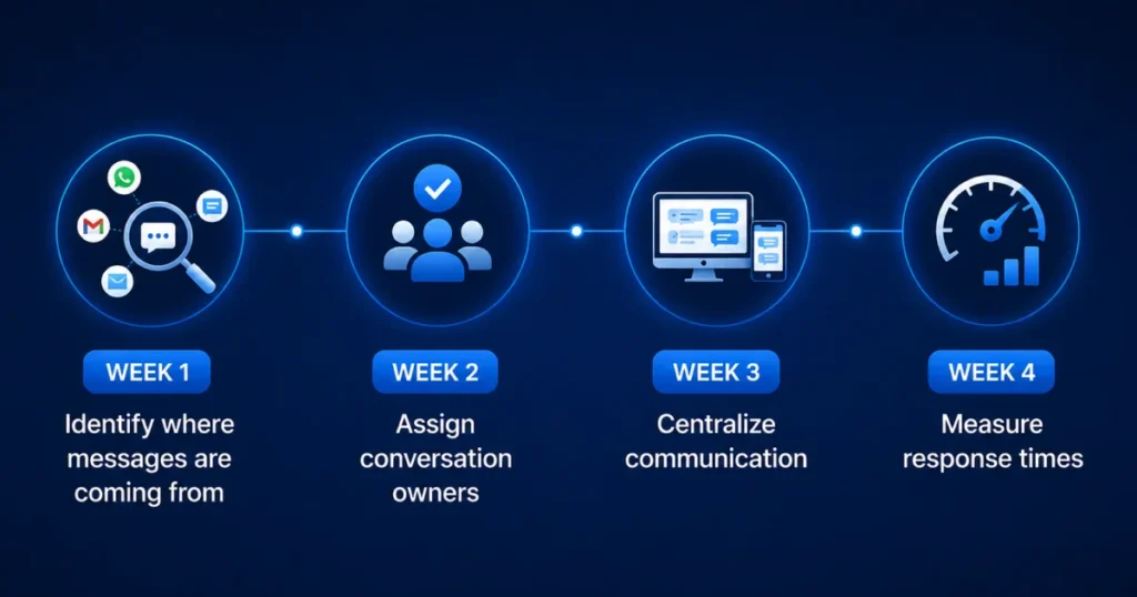 30-day roadmap showing a step-by-step plan to improve customer inquiry management by identifying communication channels, assigning conversation owners, centralizing messages, and measuring response times.