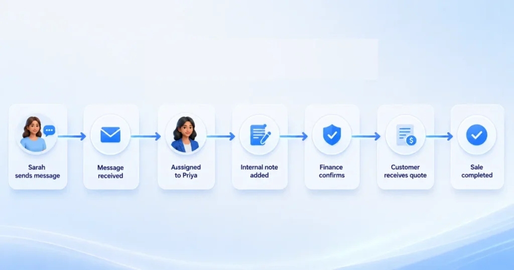 Customer conversation workflow showing how a shared WhatsApp inbox routes messages from receipt and assignment to collaboration, quote approval, and successful resolution.