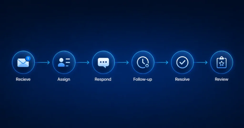 Workflow diagram showing the customer inquiry process from receiving a message to assigning, responding, following up, resolving, and reviewing the conversation.