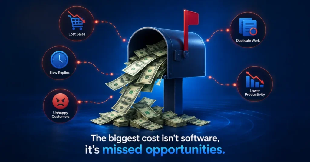 Hidden costs of using a traditional shared inbox, including lost sales, slow replies, duplicate work, unhappy customers, and lower productivity