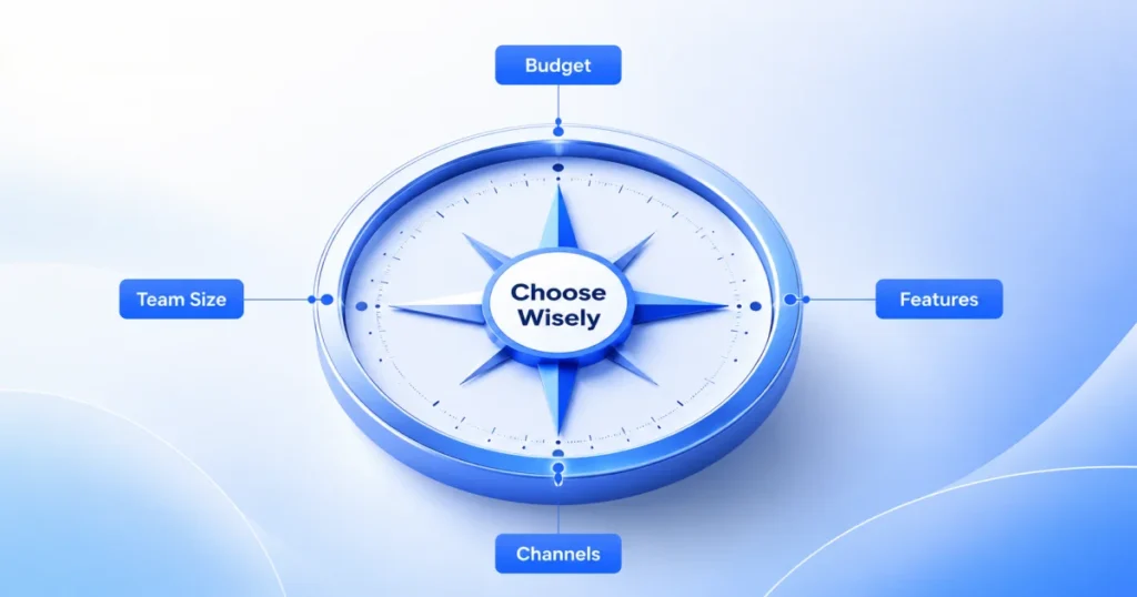 Compass illustration highlighting the four key factors for choosing shared inbox software: budget, features, communication channels, and team size.
