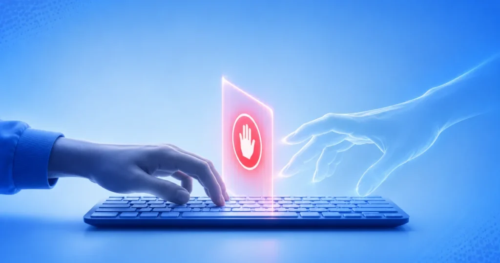 A conceptual 3D illustration showing a red stop barrier preventing a ghostly hand from typing on a keyboard alongside a teammate, representing shared inbox workflow collision detection.