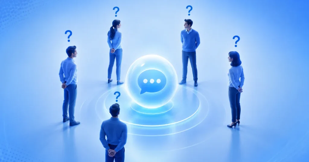 Five team members standing in a circle around a glowing customer message bubble with question marks, illustrating the psychological phenomenon of diffusion of responsibility in a team inbox.