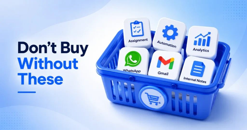 Shopping basket illustration showing essential shared inbox software features, including assignment, automation, Gmail, WhatsApp, analytics, and internal notes.
