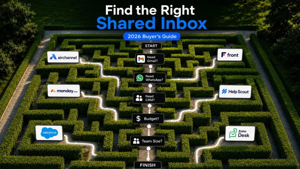Decision maze illustrating how businesses can choose the right shared inbox software based on Gmail, WhatsApp, CRM, budget, and team size.