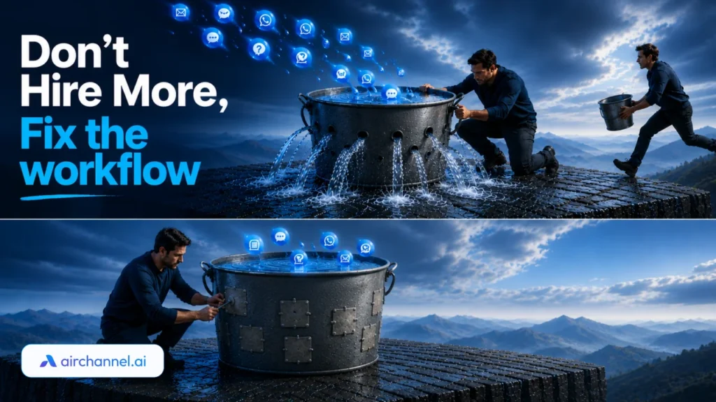Illustration showing a business owner fixing a leaking workflow while customer inquiries are successfully captured, highlighting that better workflows are more effective than hiring more staff.