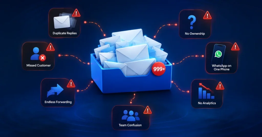 Traditional shared inbox problems including duplicate replies, missed customer messages, unclear conversation ownership, endless email forwarding, and team confusion