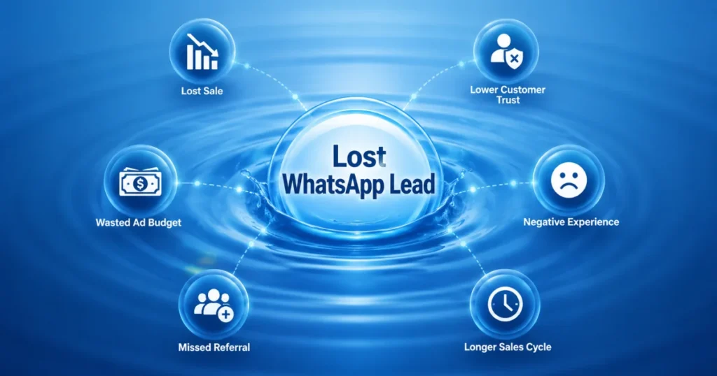 Illustration showing the ripple effects of a lost WhatsApp lead, including lost sales, wasted ad budget, lower customer trust, missed referrals, negative customer experience, and longer sales cycles.