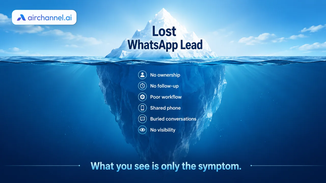 Hidden operational issues beneath a lost WhatsApp lead shown as an iceberg, including no ownership, poor workflow, no follow-up, shared phone, buried conversations, and no visibility.