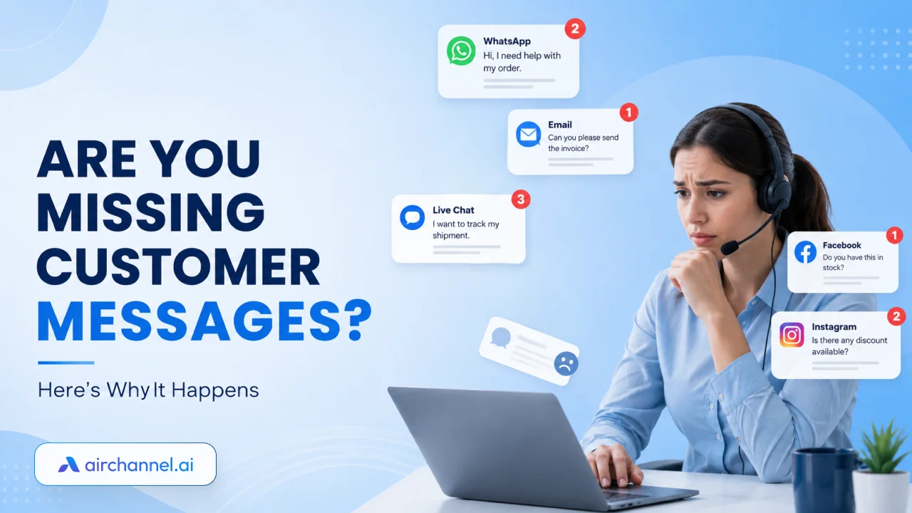 Business owner overwhelmed by customer messages arriving from WhatsApp, email, social media, and live chat, causing missed conversations.