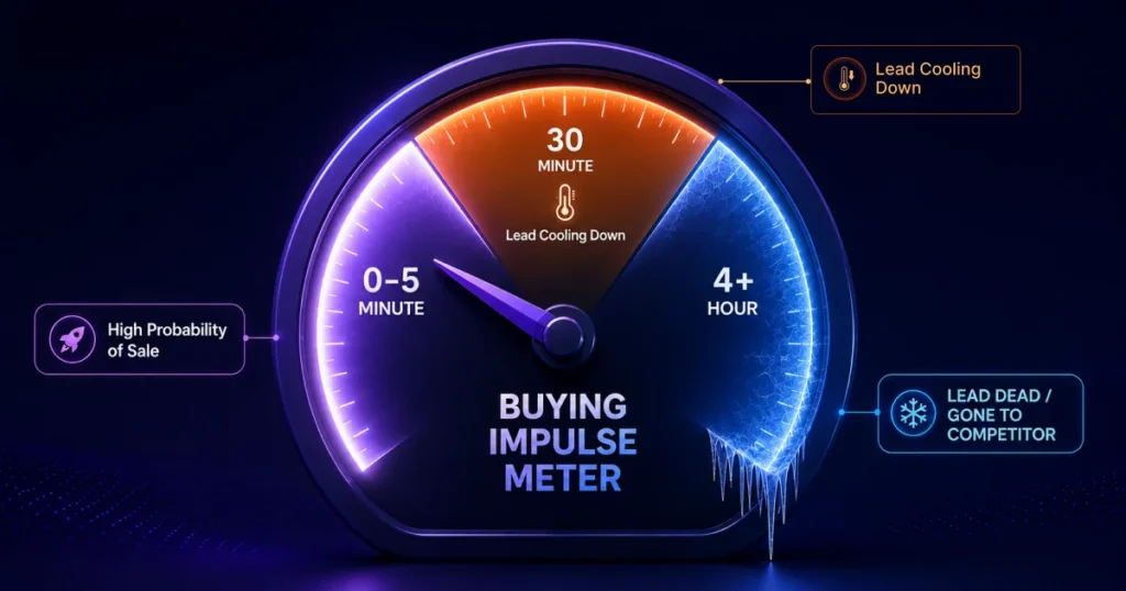A Buying Impulse Meter gauge showing lead response time stages: 0-5 minutes is hot with a high probability of sale, 30 minutes shows the lead cooling down, and 4+ hours shows the lead as dead 