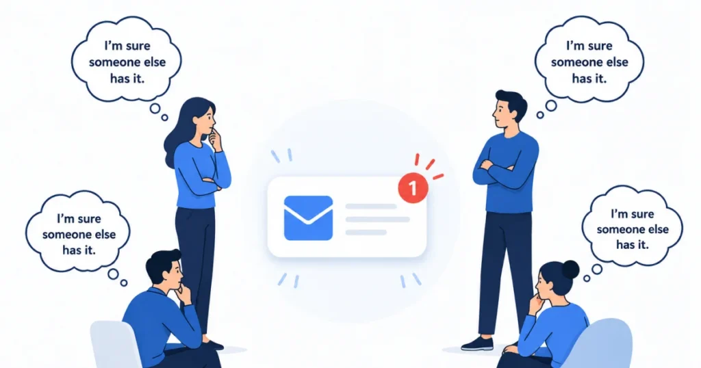 Illustration of a team exhibiting the bystander effect where everyone assumes someone else is replying to a customer email inquiry.