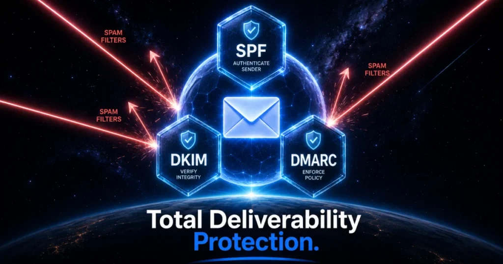 A technical sci-fi illustration showing SPF, DKIM, and DMARC shields protecting an email icon from spam filters, illustrating the security infrastructure of the best shared Gmail alternatives for total deliverability protection.