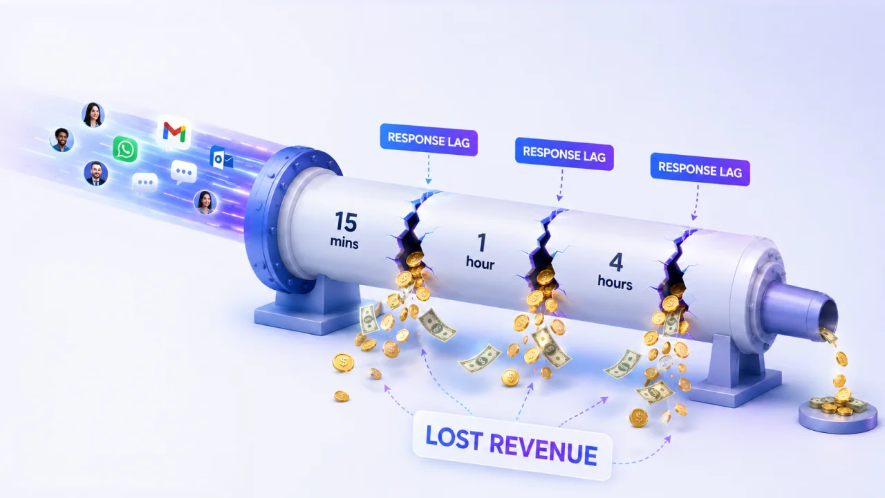 A 3D isometric sales pipeline illustration showing leads from WhatsApp and Email entering a pipe and revenue leaking out of cracks labeled 15 minutes, 1 hour, and 4 hours due to response lag.