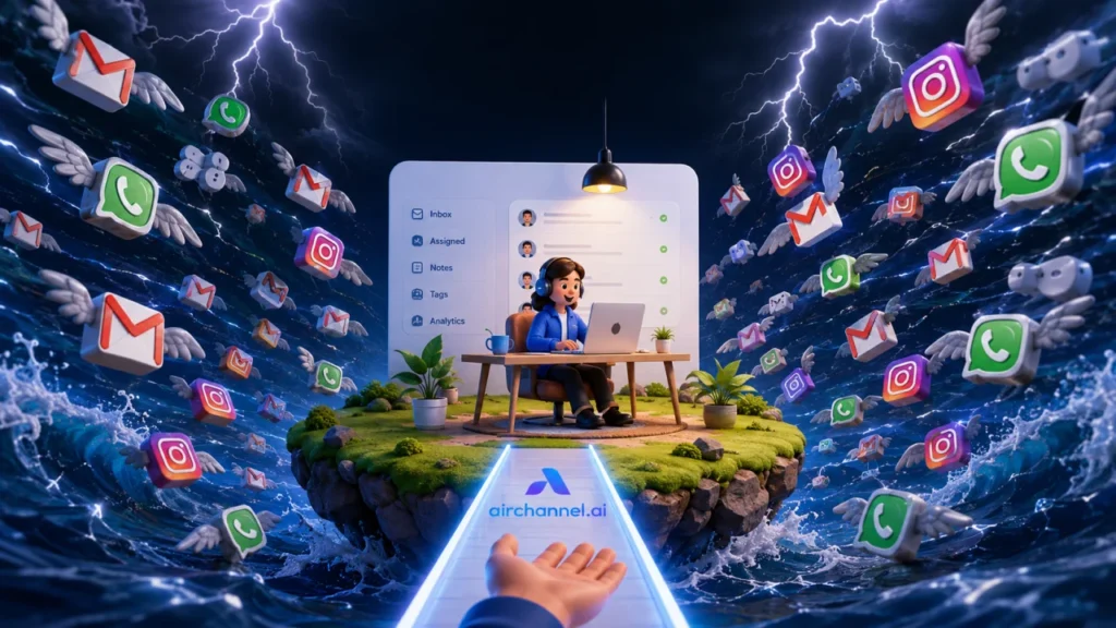A 3D illustration of a support agent sitting at a desk on a calm floating island using a unified inbox dashboard, while chaotic flying WhatsApp and email icons swarm a stormy sea, representing the reduction of first response time.