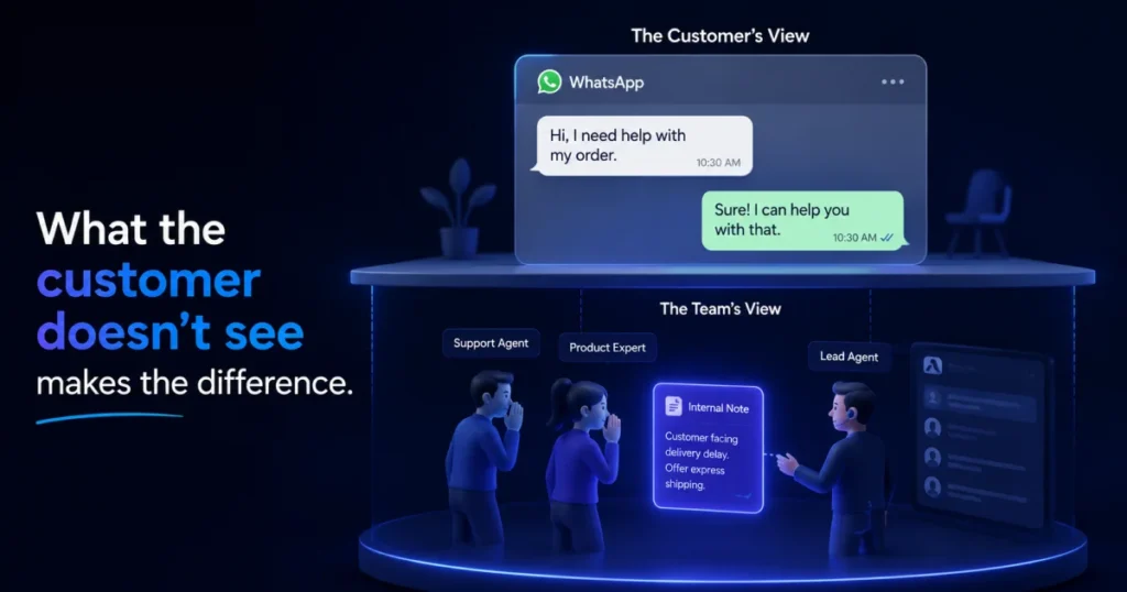 A split-view illustration showing The Customer's View of a WhatsApp chat on top and "The Team's View" on the bottom where agents use a glowing Internal Note to collaborate on a delivery delay.
