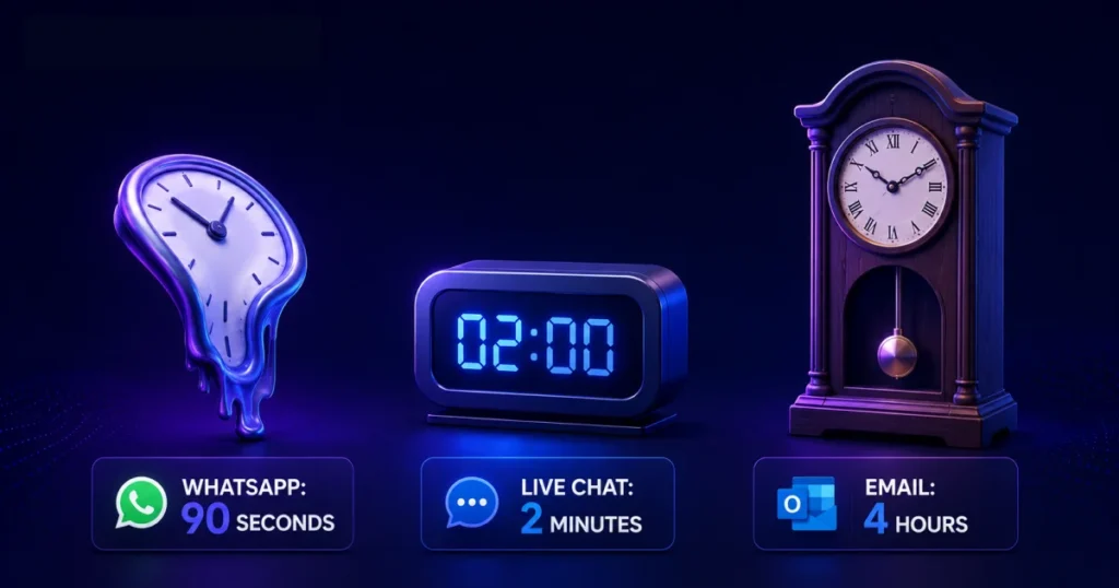 3D surrealist illustration comparing sales response time expectations across channels: a melting clock for WhatsApp (90 seconds), a digital clock for Live Chat (2 minutes), and a traditional grandfather clock for Email (4 hours)