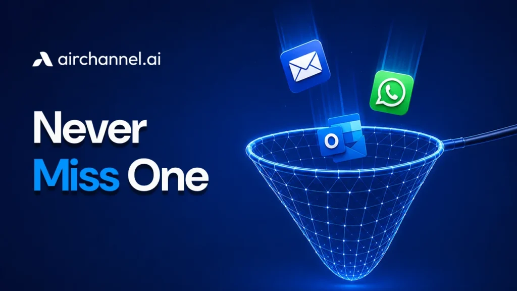 A digital safety net catching WhatsApp and Outlook email icons illustrating how to prevent lost customer messages using AirChannel.