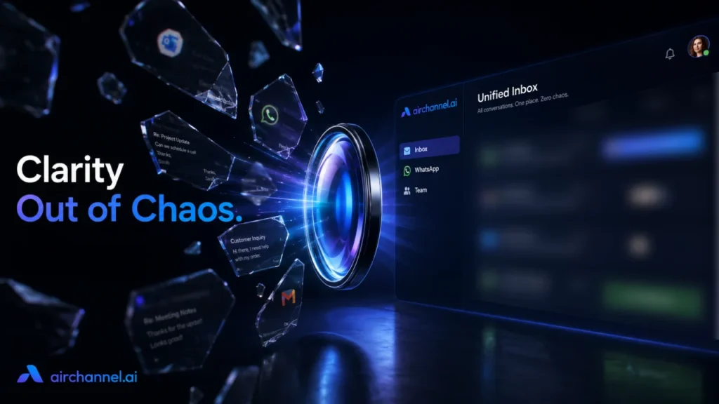 A cinematic metaphorical image showing chaotic shattered glass fragments of Gmail and WhatsApp messages being focused through a glowing optical lens into a clean Airchannel.ai unified inbox dashboard, representing shared Gmail alternatives for teams.