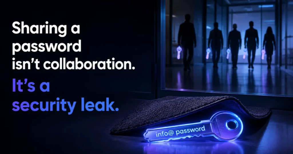 A metaphorical image illustrating email security risks, showing a glowing 'info@ password' key hidden under a doormat with silhouettes of several people in the background holding duplicate keys.
