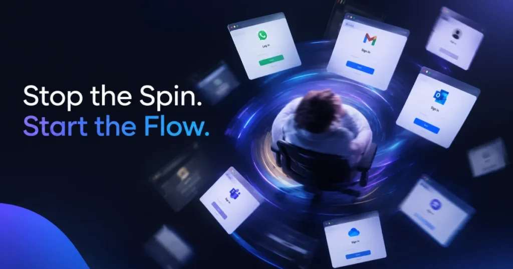 A top-down conceptual view of a customer support agent spinning in a chair (motion blur) surrounded by multiple floating login screens for WhatsApp, Gmail, and Outlook, illustrating the swivel-chair effect ro reduce first response time. 