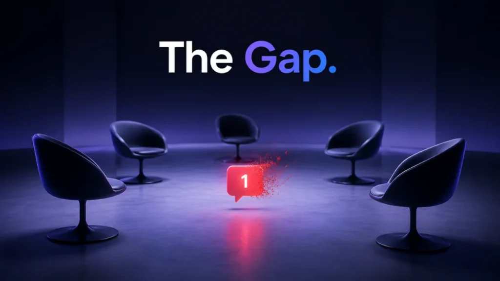 A minimalist 3D scene of five empty chairs surrounding a dissolving red notification icon, symbolizing the ownership vacuum and the need for message assignment in a team inbox showing why teams need a shared inbox.