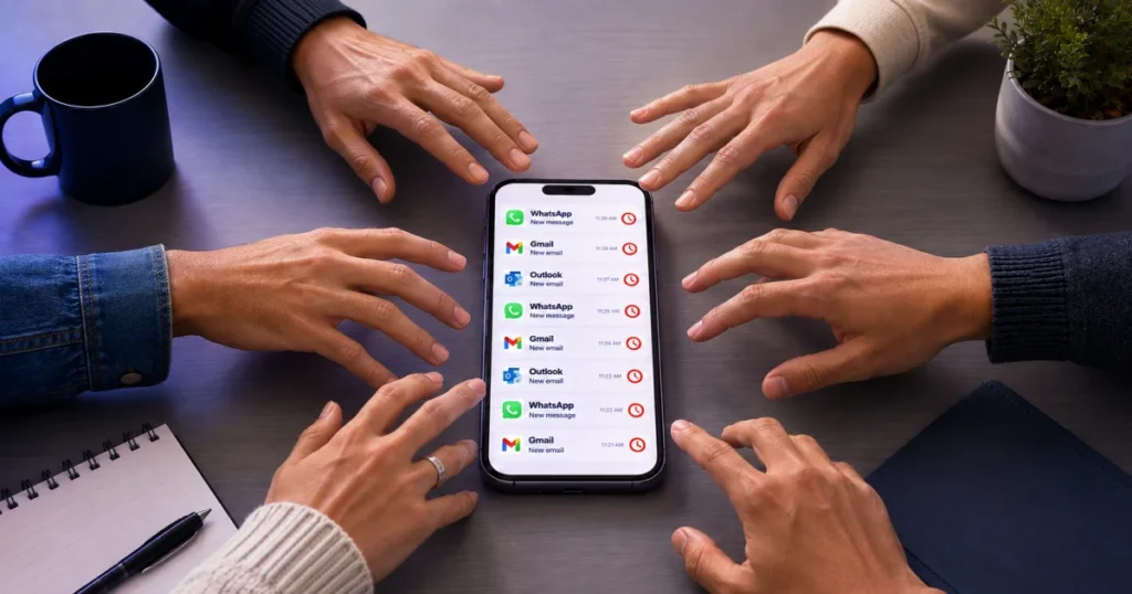 Multiple hands reaching for a single smartphone displaying WhatsApp and Gmail notifications, illustrating the bottleneck of using one device for a customer service team.